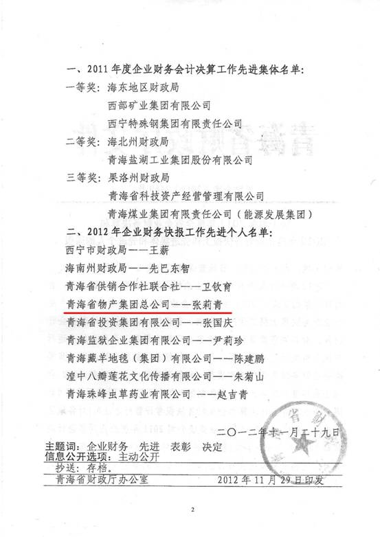 物產(chǎn)集團榮獲2011年度財務(wù)決算先進單位、2012年度財務(wù)快報工作先進個人表彰